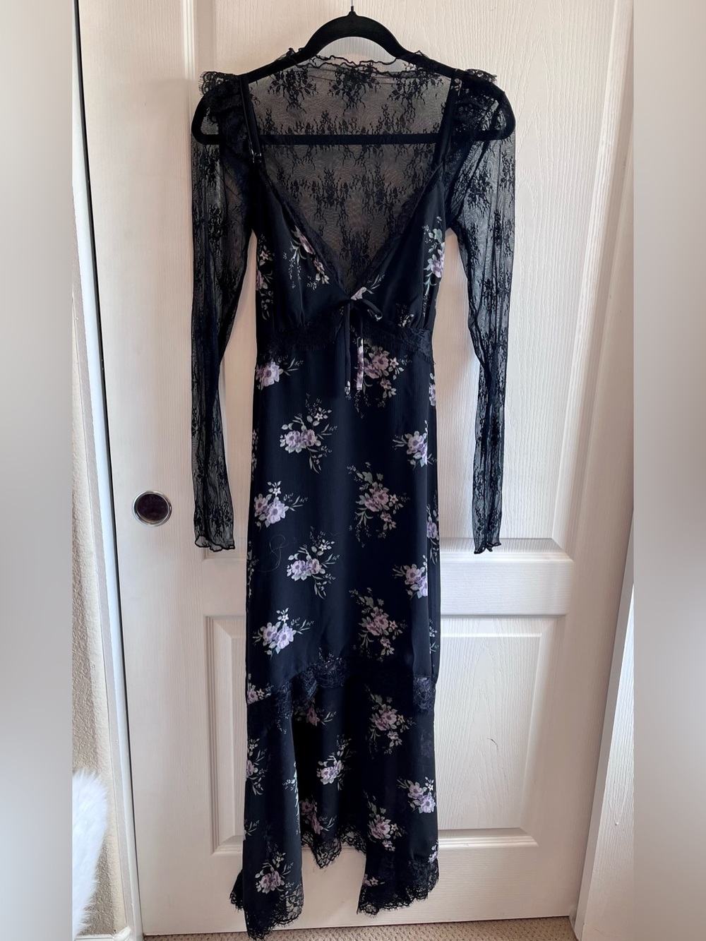 Whimsygoth Dark Floral Lace Trim Midi Dress 90s Grunge Asymmetrical Hem Size L - Picture 6 of 11
